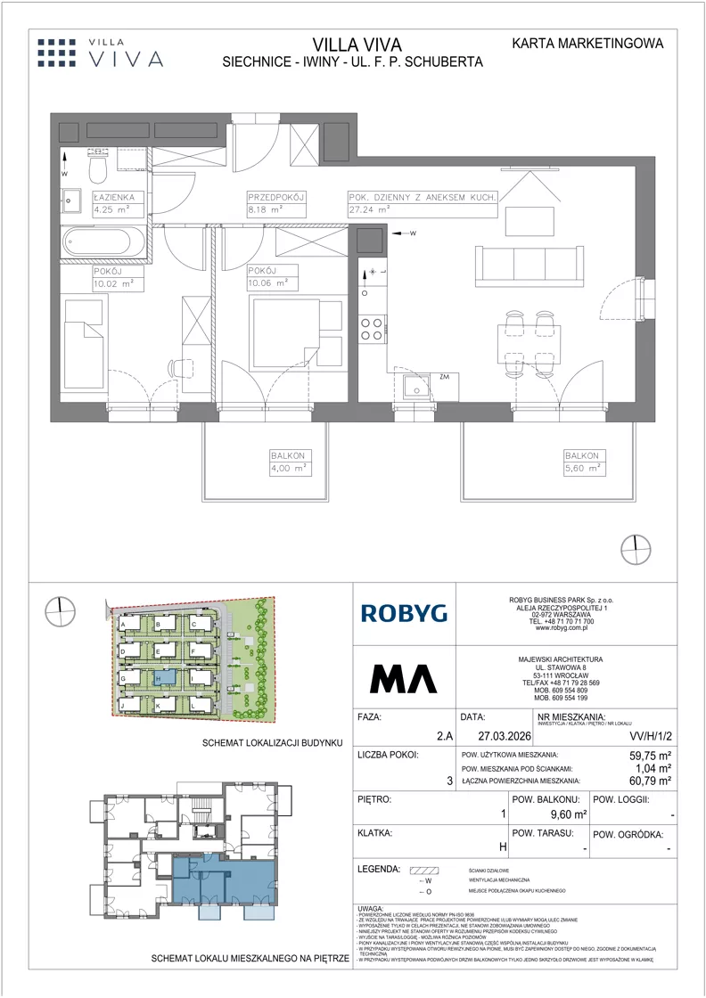 3 pokoje, mieszkanie 59,75 m², piętro 1, oferta nr VV/H/1/2, Villa Viva, Wrocław, Jagodno, Fabryczna, ul. Schuberta