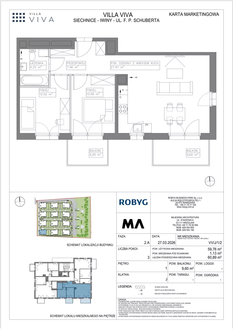 3 pokoje, mieszkanie 59,76 m², piętro 1, oferta nr VV/J/1/2, Villa Viva, Wrocław, Jagodno, Fabryczna, ul. Schuberta