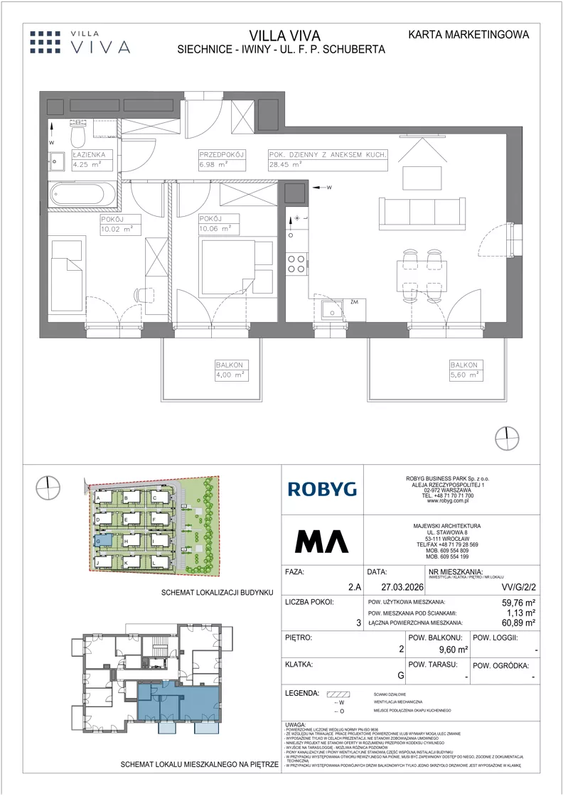 3 pokoje, mieszkanie 59,76 m², piętro 2, oferta nr VV/G/2/2, Villa Viva, Wrocław, Jagodno, Fabryczna, ul. Schuberta