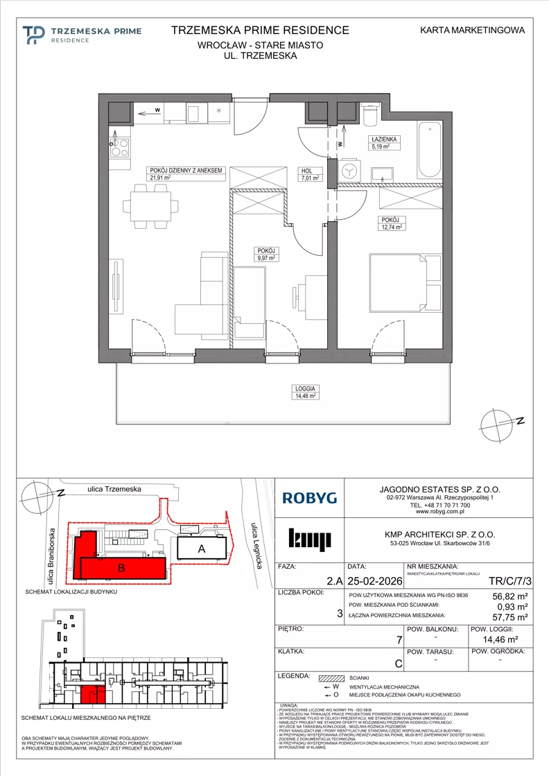 3 pokoje, mieszkanie 56,82 m², piętro 7, oferta nr TR/C/7/3, Trzemeska Prime Residence, Wrocław, Stare Miasto, ul. Trzemeska