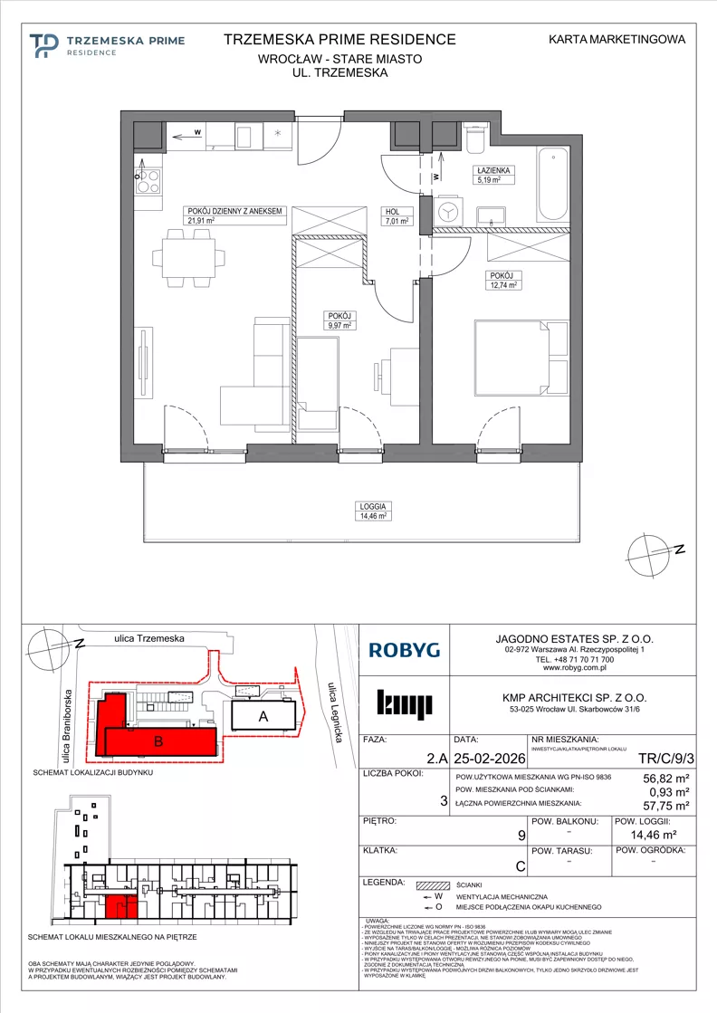 3 pokoje, mieszkanie 56,82 m², piętro 9, oferta nr TR/C/9/3, Trzemeska Prime Residence, Wrocław, Stare Miasto, ul. Trzemeska