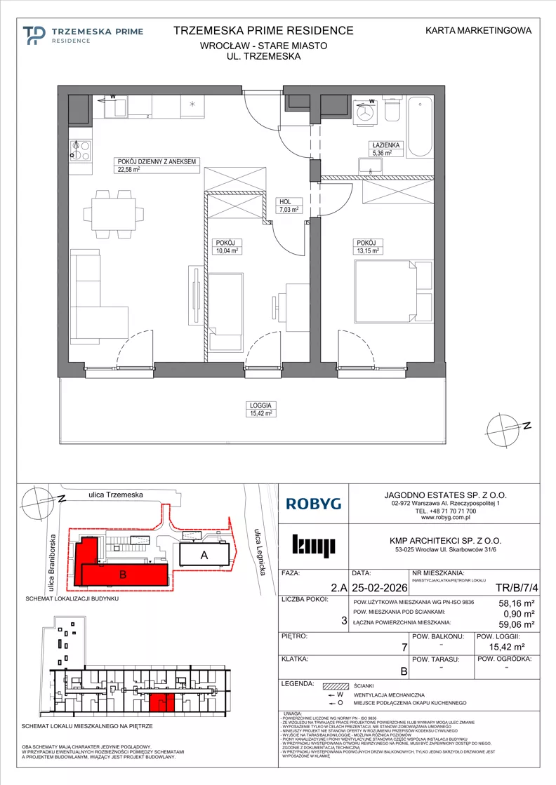 3 pokoje, mieszkanie 58,16 m², piętro 7, oferta nr TR/B/7/4, Trzemeska Prime Residence, Wrocław, Stare Miasto, ul. Trzemeska