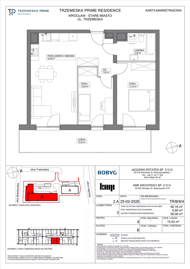 3 pokoje, mieszkanie 58,16 m², piętro 8, oferta nr TR/B/8/4, Trzemeska Prime Residence, Wrocław, Stare Miasto, ul. Trzemeska