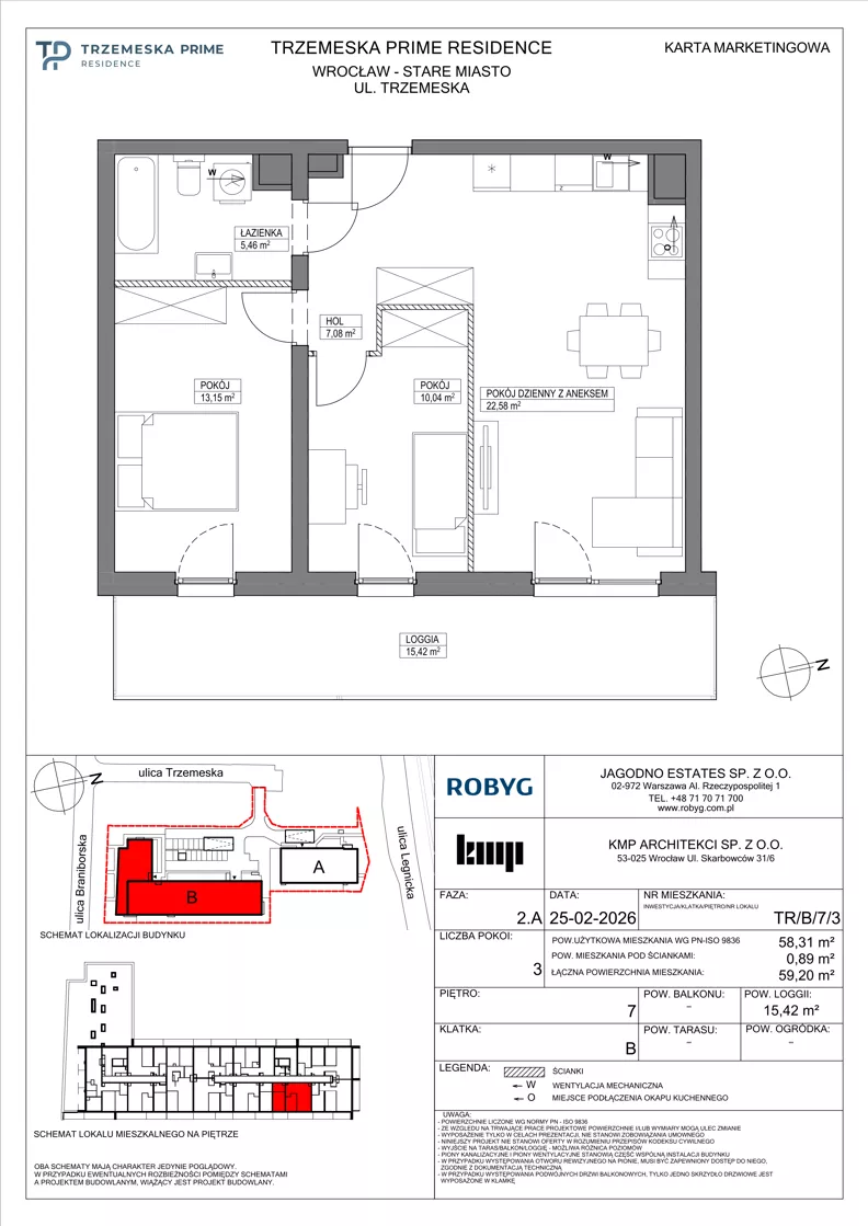 3 pokoje, mieszkanie 58,31 m², piętro 7, oferta nr TR/B/7/3, Trzemeska Prime Residence, Wrocław, Stare Miasto, ul. Trzemeska