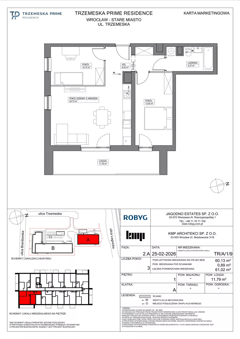 3 pokoje, mieszkanie 60,13 m², piętro 1, oferta nr TR/A/1/9, Trzemeska Prime Residence, Wrocław, Stare Miasto, ul. Trzemeska