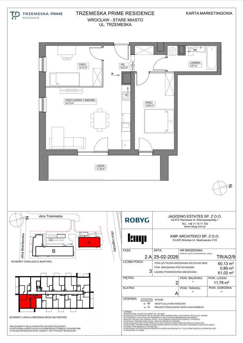 3 pokoje, mieszkanie 60,13 m², piętro 2, oferta nr TR/A/2/9, Trzemeska Prime Residence, Wrocław, Stare Miasto, ul. Trzemeska