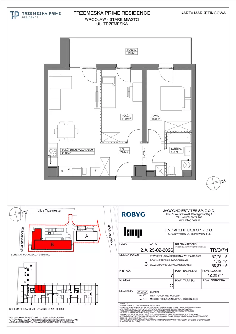 3 pokoje, mieszkanie 57,75 m², piętro 7, oferta nr TR/C/7/1, Trzemeska Prime Residence, Wrocław, Stare Miasto, ul. Trzemeska