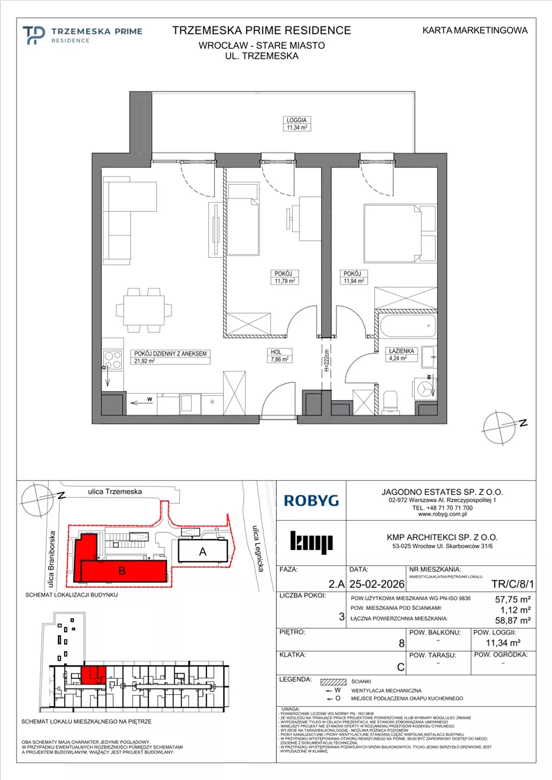 3 pokoje, mieszkanie 57,75 m², piętro 8, oferta nr TR/C/8/1, Trzemeska Prime Residence, Wrocław, Stare Miasto, ul. Trzemeska