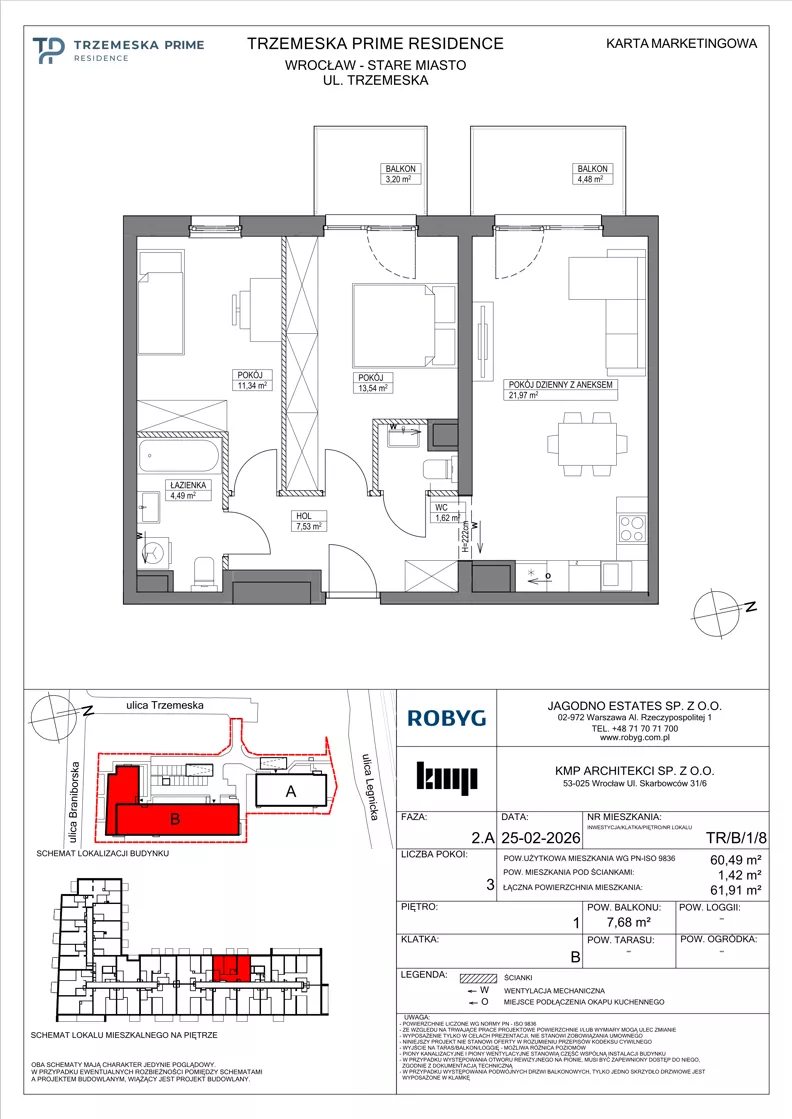 3 pokoje, mieszkanie 60,49 m², piętro 1, oferta nr TR/B/1/8, Trzemeska Prime Residence, Wrocław, Stare Miasto, ul. Trzemeska
