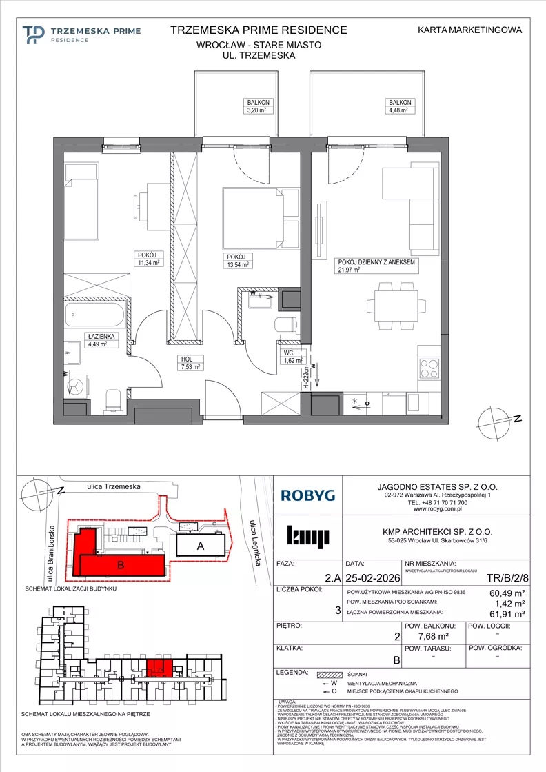 3 pokoje, mieszkanie 60,49 m², piętro 2, oferta nr TR/B/2/8, Trzemeska Prime Residence, Wrocław, Stare Miasto, ul. Trzemeska