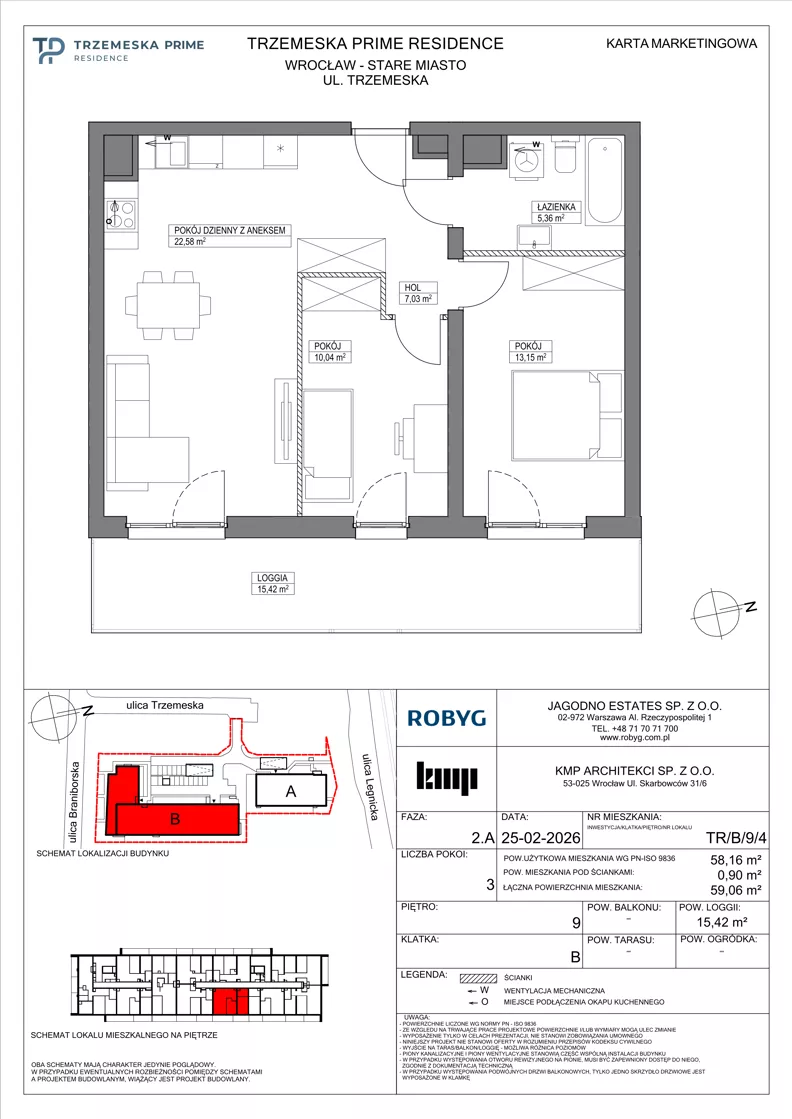 3 pokoje, mieszkanie 58,16 m², piętro 9, oferta nr TR/B/9/4, Trzemeska Prime Residence, Wrocław, Stare Miasto, ul. Trzemeska