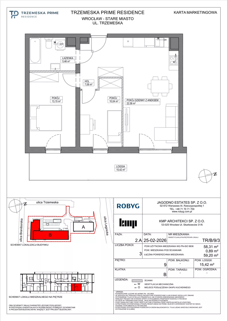 3 pokoje, mieszkanie 58,31 m², piętro 9, oferta nr TR/B/9/3, Trzemeska Prime Residence, Wrocław, Stare Miasto, ul. Trzemeska