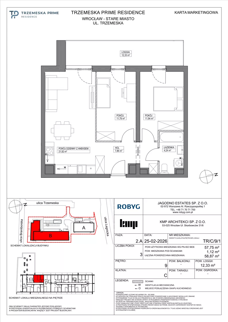 3 pokoje, mieszkanie 57,75 m², piętro 9, oferta nr TR/C/9/1, Trzemeska Prime Residence, Wrocław, Stare Miasto, ul. Trzemeska