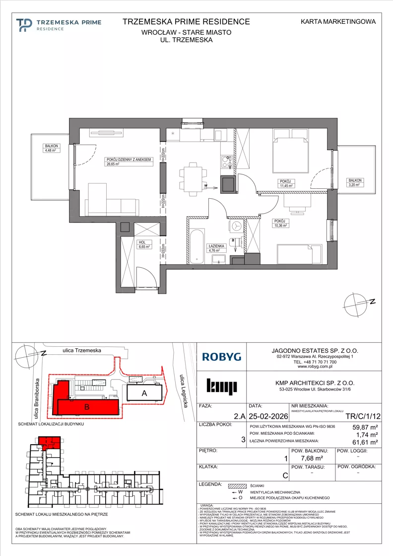 3 pokoje, mieszkanie 59,87 m², piętro 1, oferta nr TR/C/1/12, Trzemeska Prime Residence, Wrocław, Stare Miasto, ul. Trzemeska
