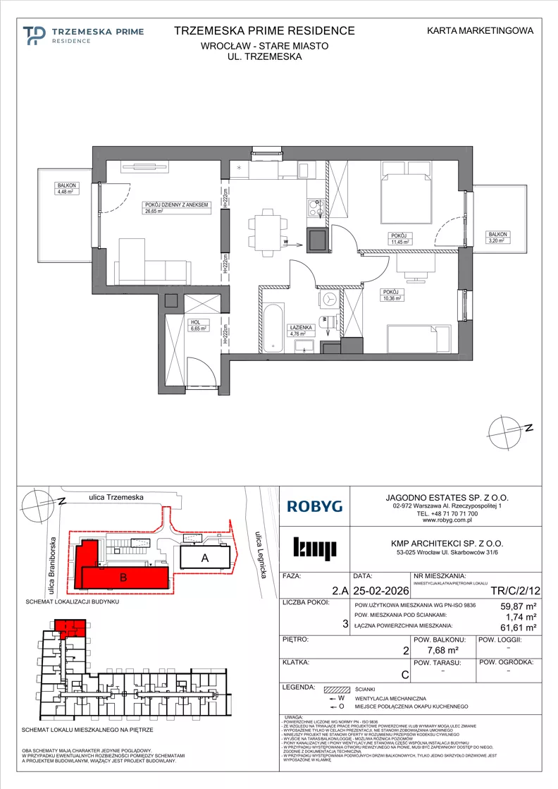 3 pokoje, mieszkanie 59,87 m², piętro 2, oferta nr TR/C/2/12, Trzemeska Prime Residence, Wrocław, Stare Miasto, ul. Trzemeska