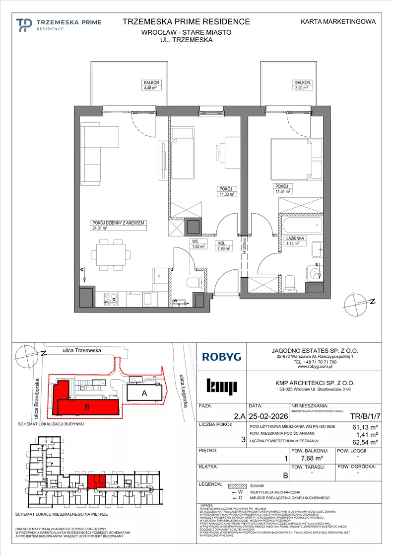 3 pokoje, mieszkanie 61,13 m², piętro 1, oferta nr TR/B/1/7, Trzemeska Prime Residence, Wrocław, Stare Miasto, ul. Trzemeska
