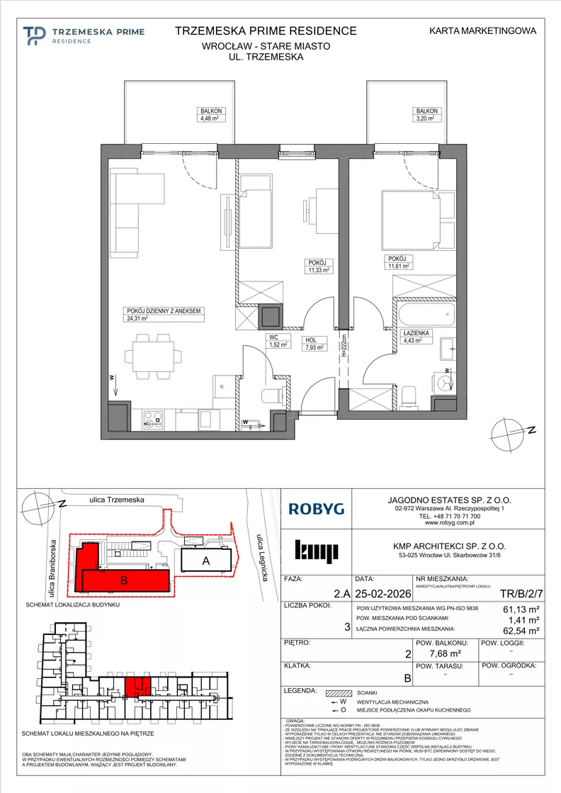 3 pokoje, mieszkanie 61,13 m², piętro 2, oferta nr TR/B/2/7, Trzemeska Prime Residence, Wrocław, Stare Miasto, ul. Trzemeska