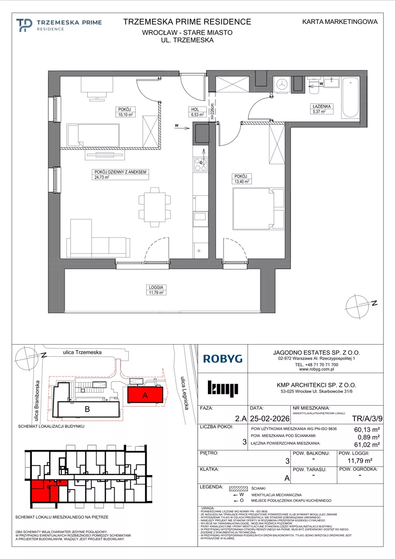 3 pokoje, mieszkanie 60,13 m², piętro 3, oferta nr TR/A/3/9, Trzemeska Prime Residence, Wrocław, Stare Miasto, ul. Trzemeska