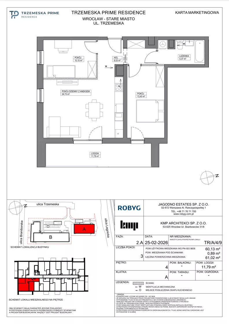 3 pokoje, mieszkanie 60,13 m², piętro 4, oferta nr TR/A/4/9, Trzemeska Prime Residence, Wrocław, Stare Miasto, ul. Trzemeska