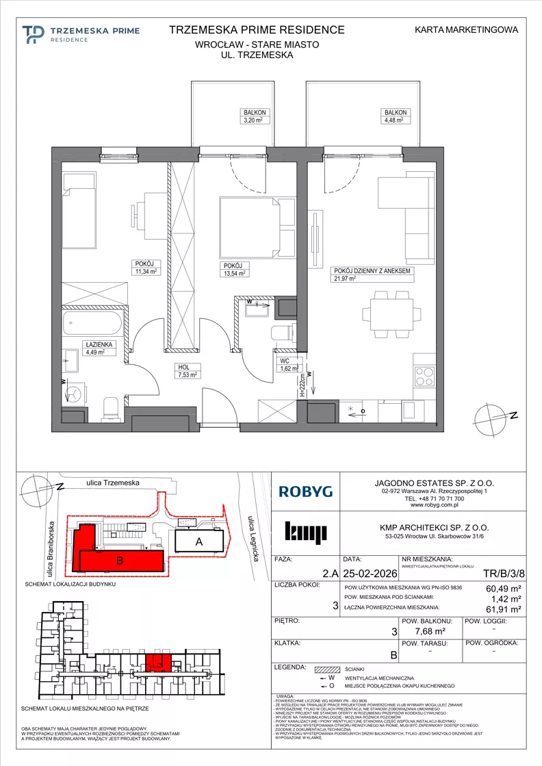3 pokoje, mieszkanie 60,49 m², piętro 3, oferta nr TR/B/3/8, Trzemeska Prime Residence, Wrocław, Stare Miasto, ul. Trzemeska