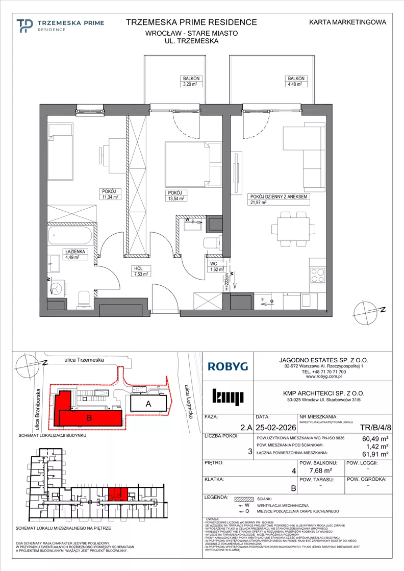 3 pokoje, mieszkanie 60,49 m², piętro 4, oferta nr TR/B/4/8, Trzemeska Prime Residence, Wrocław, Stare Miasto, ul. Trzemeska