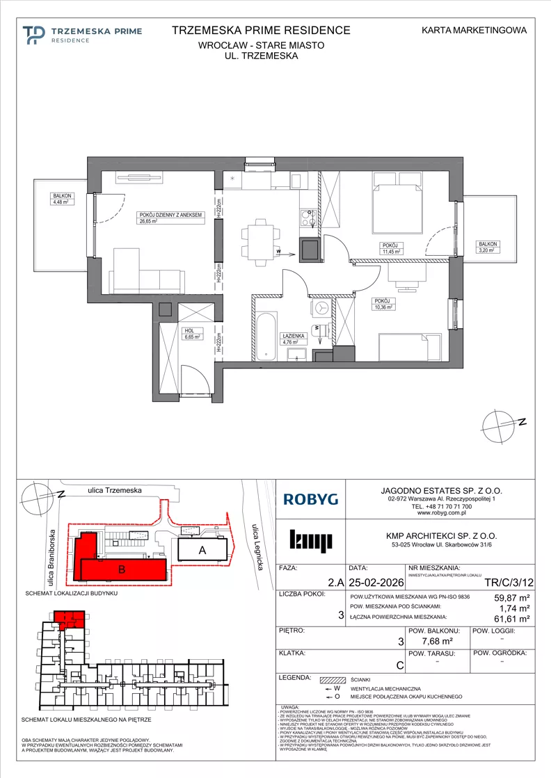3 pokoje, mieszkanie 59,87 m², piętro 3, oferta nr TR/C/3/12, Trzemeska Prime Residence, Wrocław, Stare Miasto, ul. Trzemeska