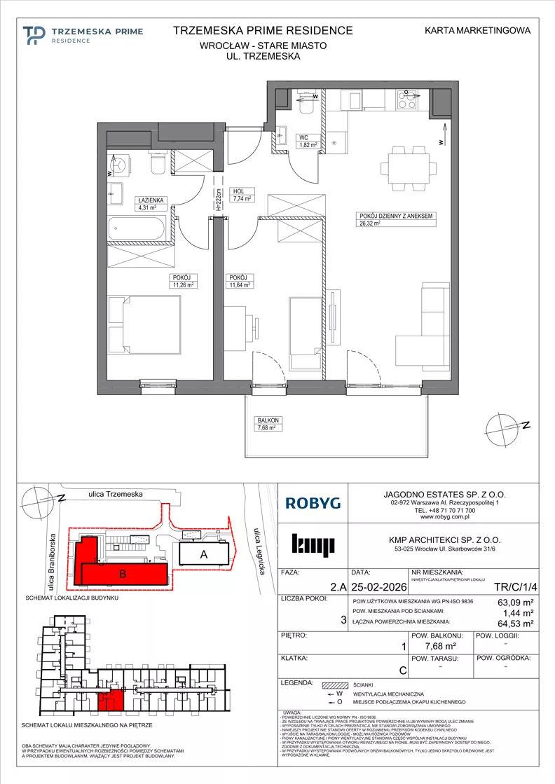 3 pokoje, mieszkanie 63,09 m², piętro 1, oferta nr TR/C/1/4, Trzemeska Prime Residence, Wrocław, Stare Miasto, ul. Trzemeska