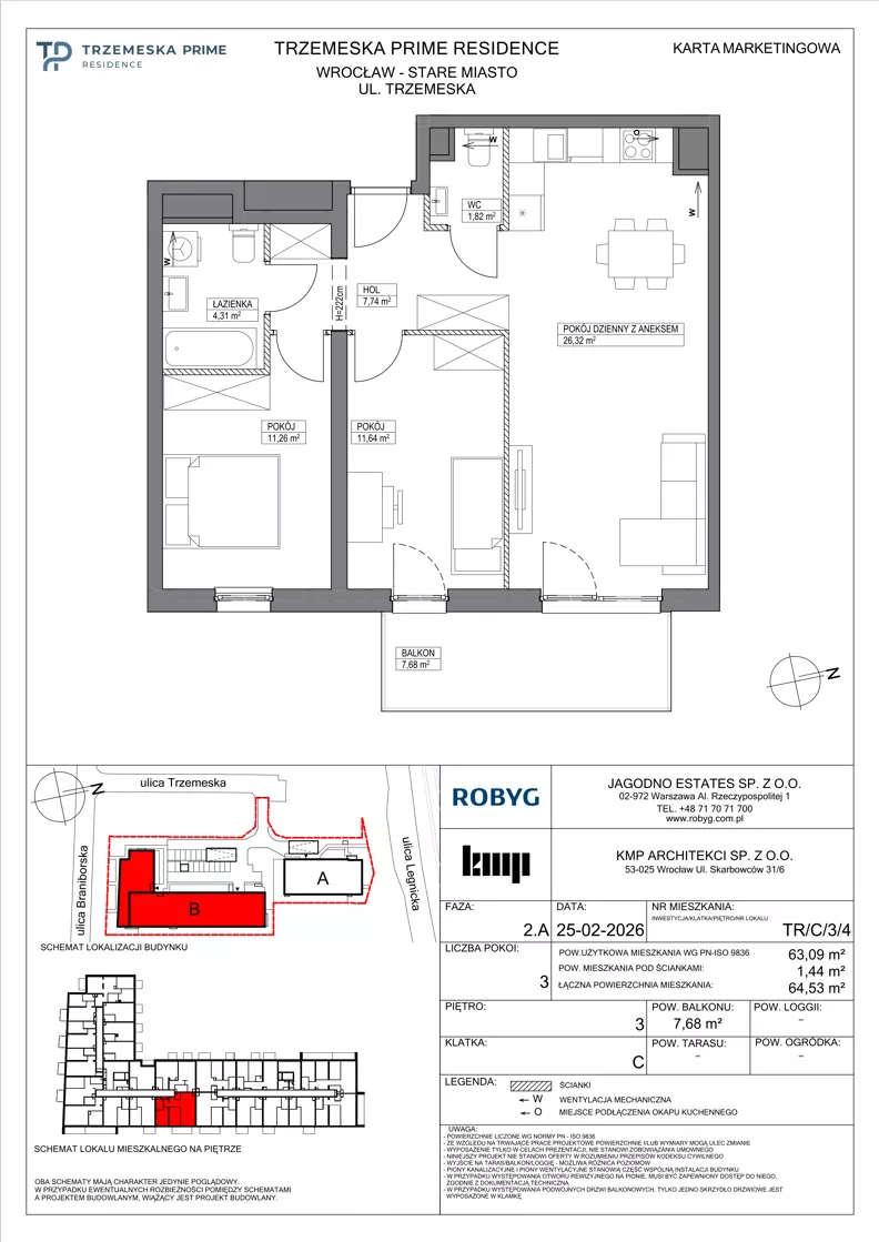 3 pokoje, mieszkanie 63,09 m², piętro 3, oferta nr TR/C/3/4, Trzemeska Prime Residence, Wrocław, Stare Miasto, ul. Trzemeska