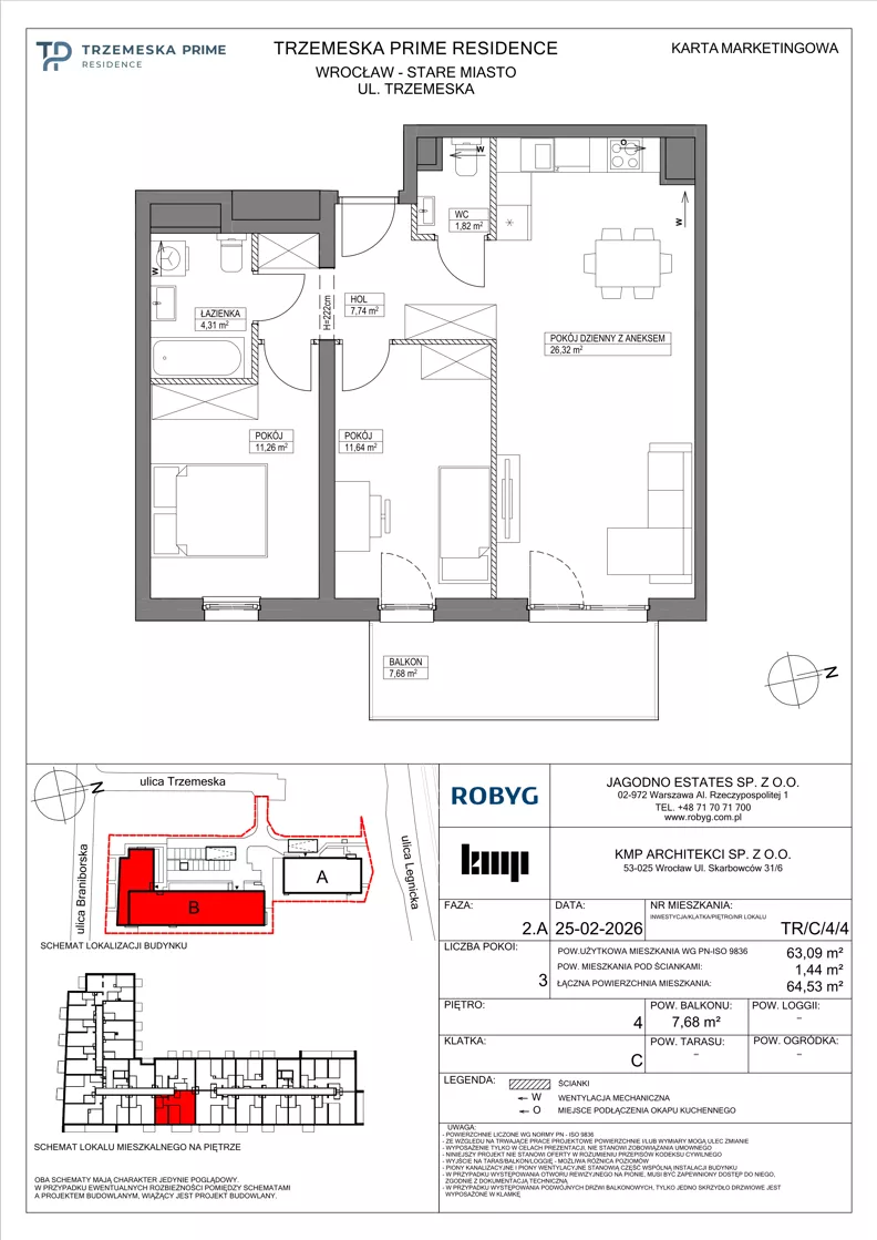 3 pokoje, mieszkanie 63,09 m², piętro 4, oferta nr TR/C/4/4, Trzemeska Prime Residence, Wrocław, Stare Miasto, ul. Trzemeska