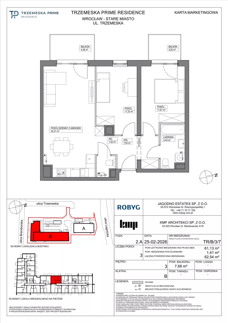 3 pokoje, mieszkanie 61,13 m², piętro 3, oferta nr TR/B/3/7, Trzemeska Prime Residence, Wrocław, Stare Miasto, ul. Trzemeska