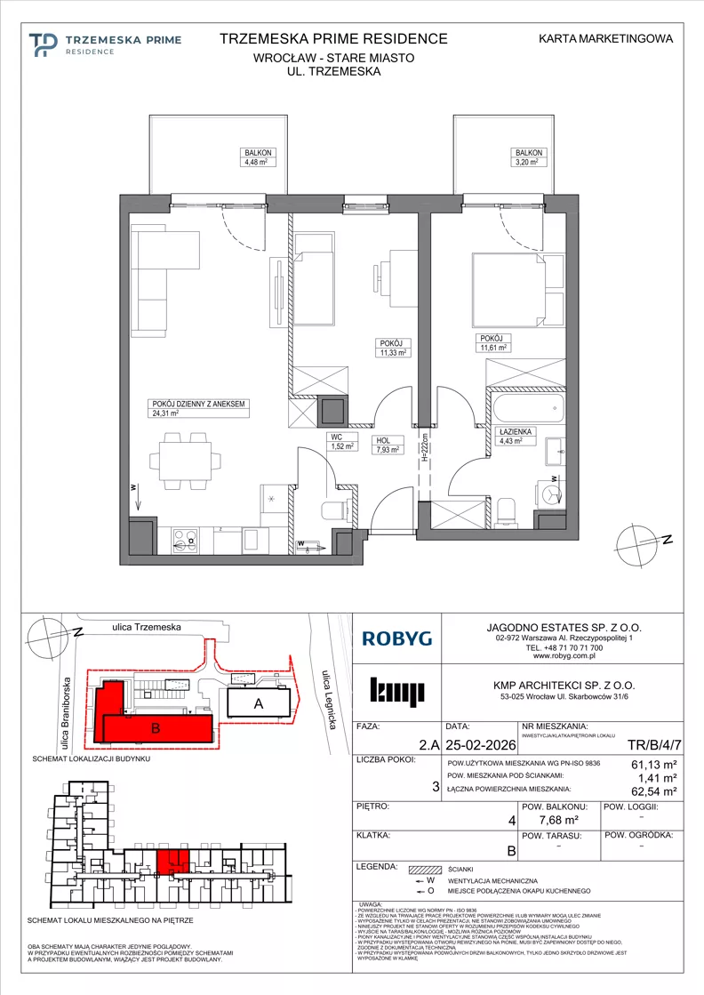 3 pokoje, mieszkanie 61,13 m², piętro 4, oferta nr TR/B/4/7, Trzemeska Prime Residence, Wrocław, Stare Miasto, ul. Trzemeska