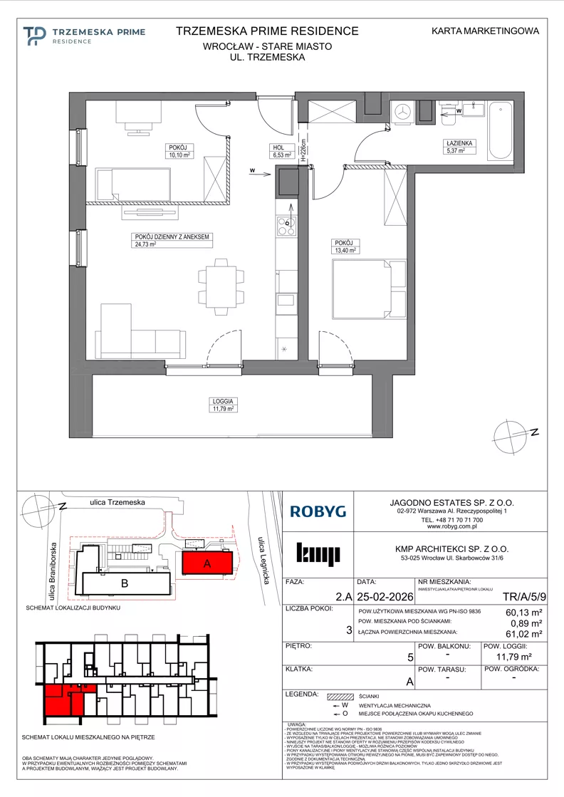 3 pokoje, mieszkanie 60,13 m², piętro 5, oferta nr TR/A/5/9, Trzemeska Prime Residence, Wrocław, Stare Miasto, ul. Trzemeska