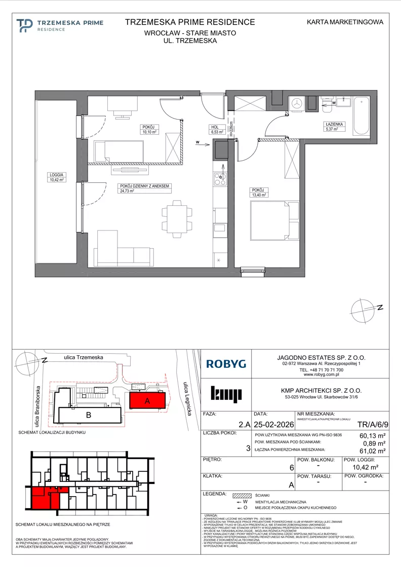 3 pokoje, mieszkanie 60,13 m², piętro 6, oferta nr TR/A/6/9, Trzemeska Prime Residence, Wrocław, Stare Miasto, ul. Trzemeska