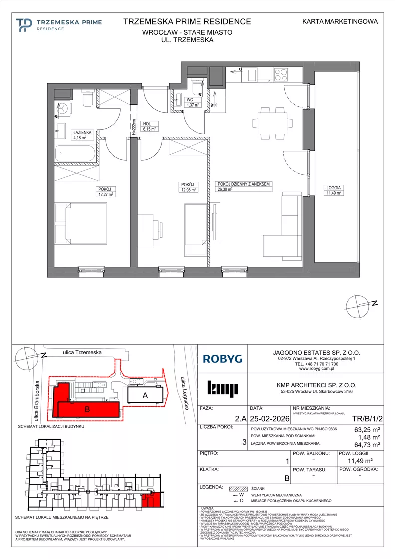 3 pokoje, mieszkanie 63,25 m², piętro 1, oferta nr TR/B/1/2, Trzemeska Prime Residence, Wrocław, Stare Miasto, ul. Trzemeska