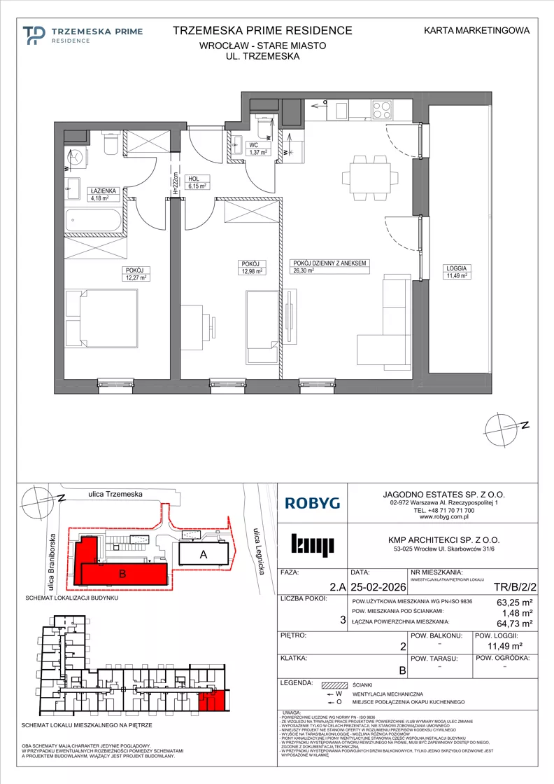 3 pokoje, mieszkanie 63,25 m², piętro 2, oferta nr TR/B/2/2, Trzemeska Prime Residence, Wrocław, Stare Miasto, ul. Trzemeska