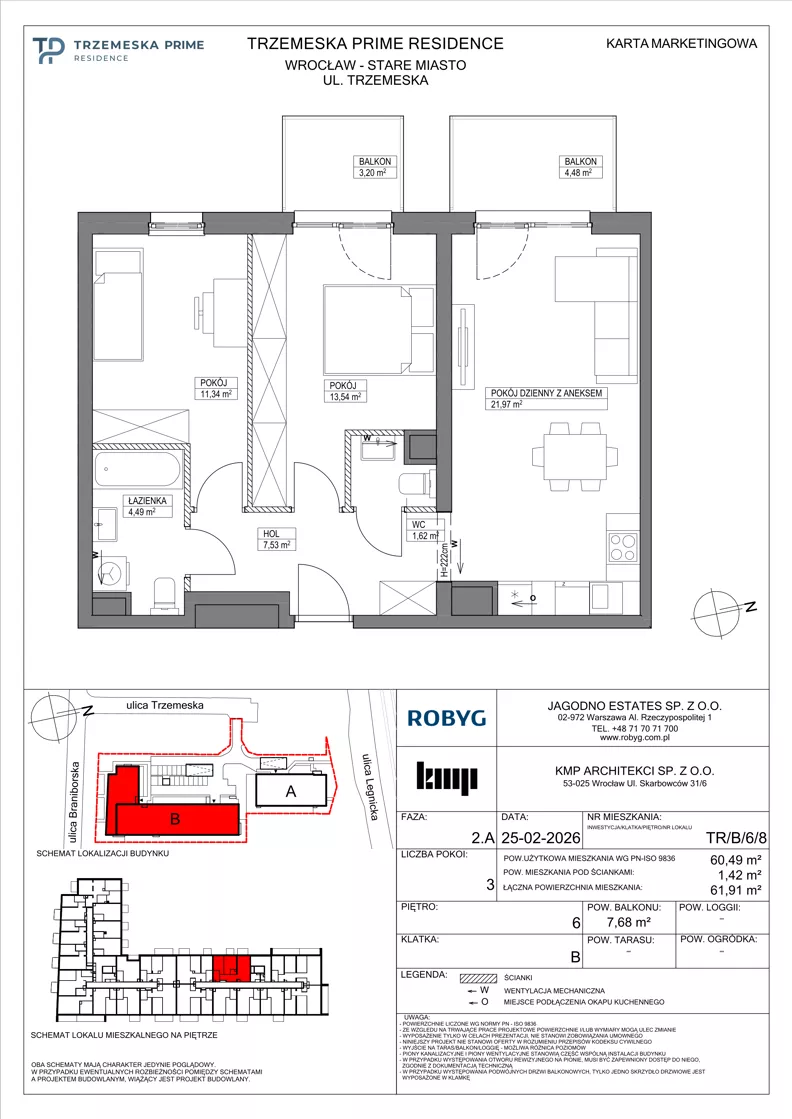 3 pokoje, mieszkanie 60,49 m², piętro 6, oferta nr TR/B/6/8, Trzemeska Prime Residence, Wrocław, Stare Miasto, ul. Trzemeska