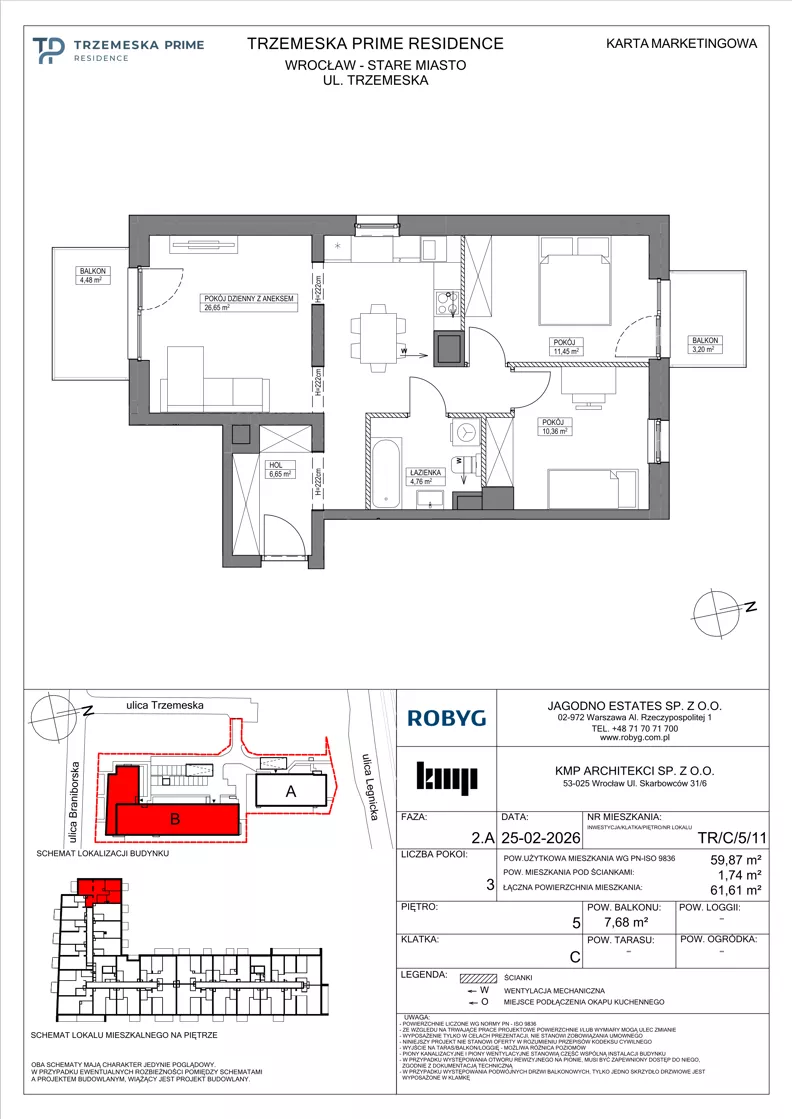 3 pokoje, mieszkanie 59,87 m², piętro 5, oferta nr TR/C/5/11, Trzemeska Prime Residence, Wrocław, Stare Miasto, ul. Trzemeska