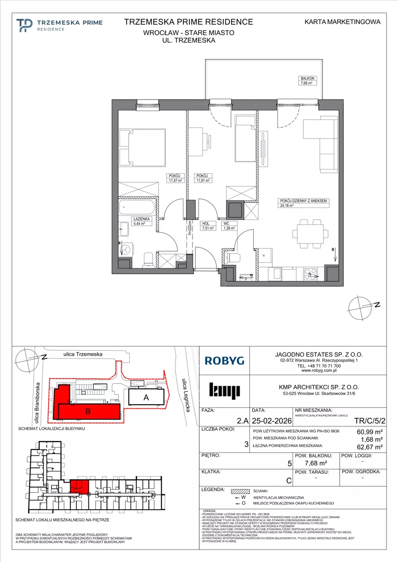 3 pokoje, mieszkanie 60,99 m², piętro 5, oferta nr TR/C/5/2, Trzemeska Prime Residence, Wrocław, Stare Miasto, ul. Trzemeska