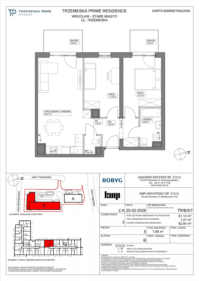 3 pokoje, mieszkanie 61,13 m², piętro 5, oferta nr TR/B/5/7, Trzemeska Prime Residence, Wrocław, Stare Miasto, ul. Trzemeska