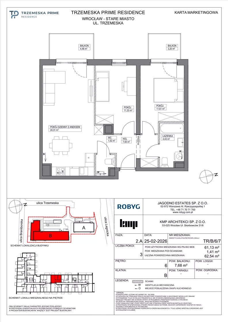 3 pokoje, mieszkanie 61,13 m², piętro 6, oferta nr TR/B/6/7, Trzemeska Prime Residence, Wrocław, Stare Miasto, ul. Trzemeska