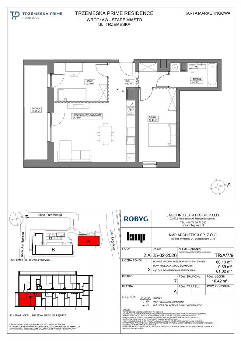 3 pokoje, mieszkanie 60,13 m², piętro 7, oferta nr TR/A/7/9, Trzemeska Prime Residence, Wrocław, Stare Miasto, ul. Trzemeska