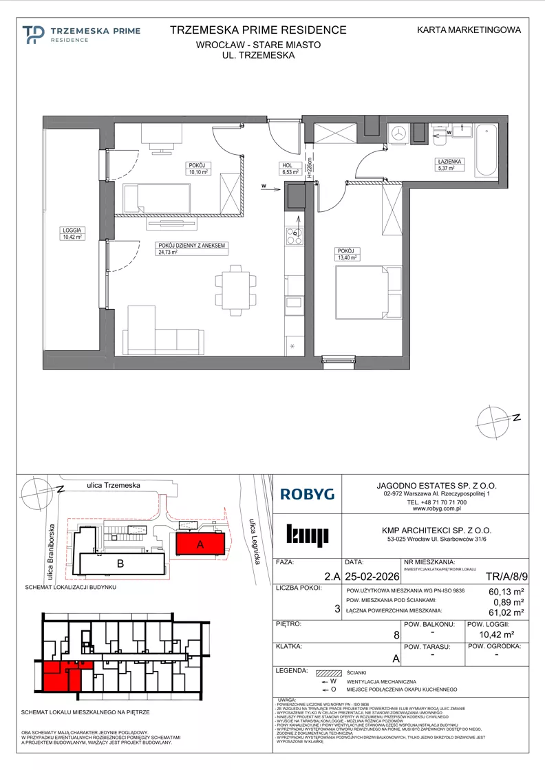 3 pokoje, mieszkanie 60,13 m², piętro 8, oferta nr TR/A/8/9, Trzemeska Prime Residence, Wrocław, Stare Miasto, ul. Trzemeska