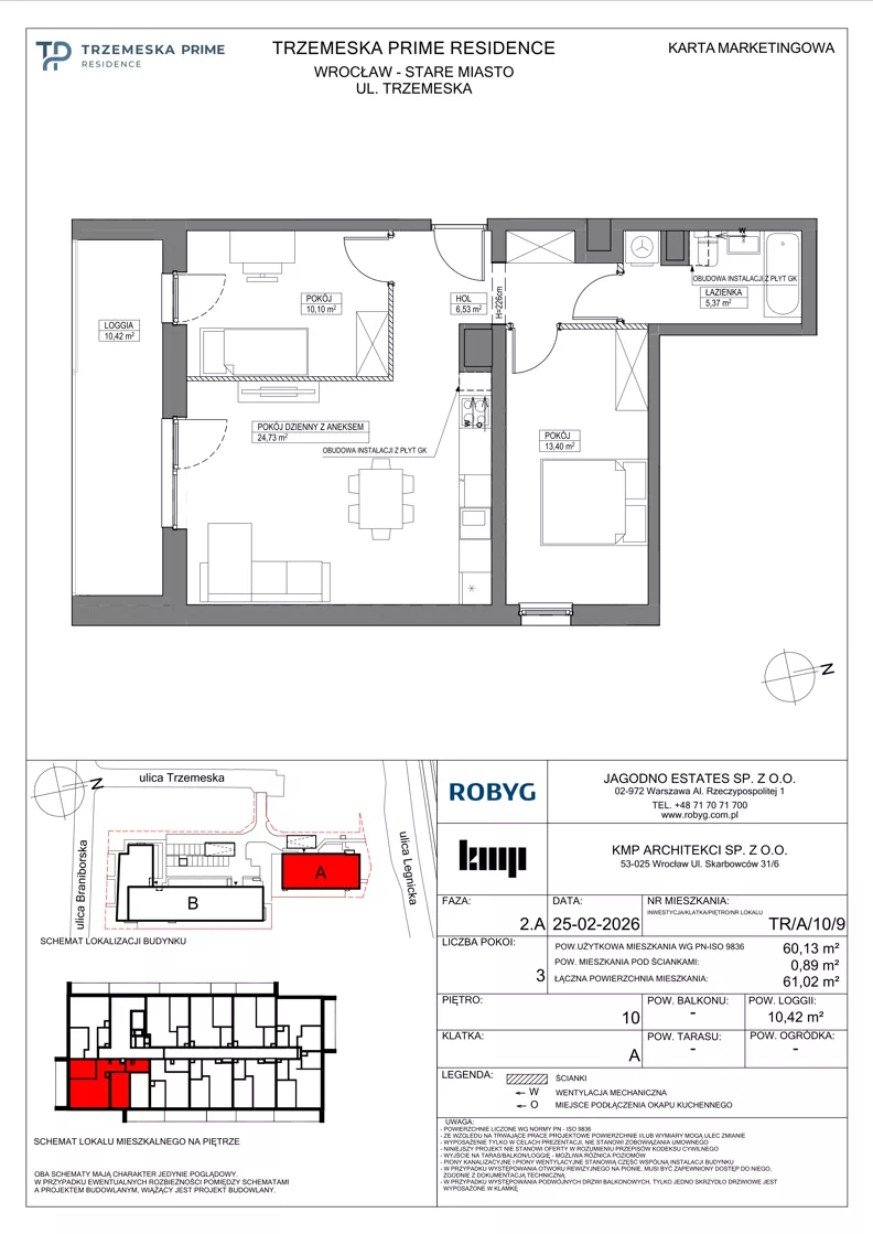 3 pokoje, mieszkanie 60,13 m², piętro 10, oferta nr TR/A/10/9, Trzemeska Prime Residence, Wrocław, Stare Miasto, ul. Trzemeska