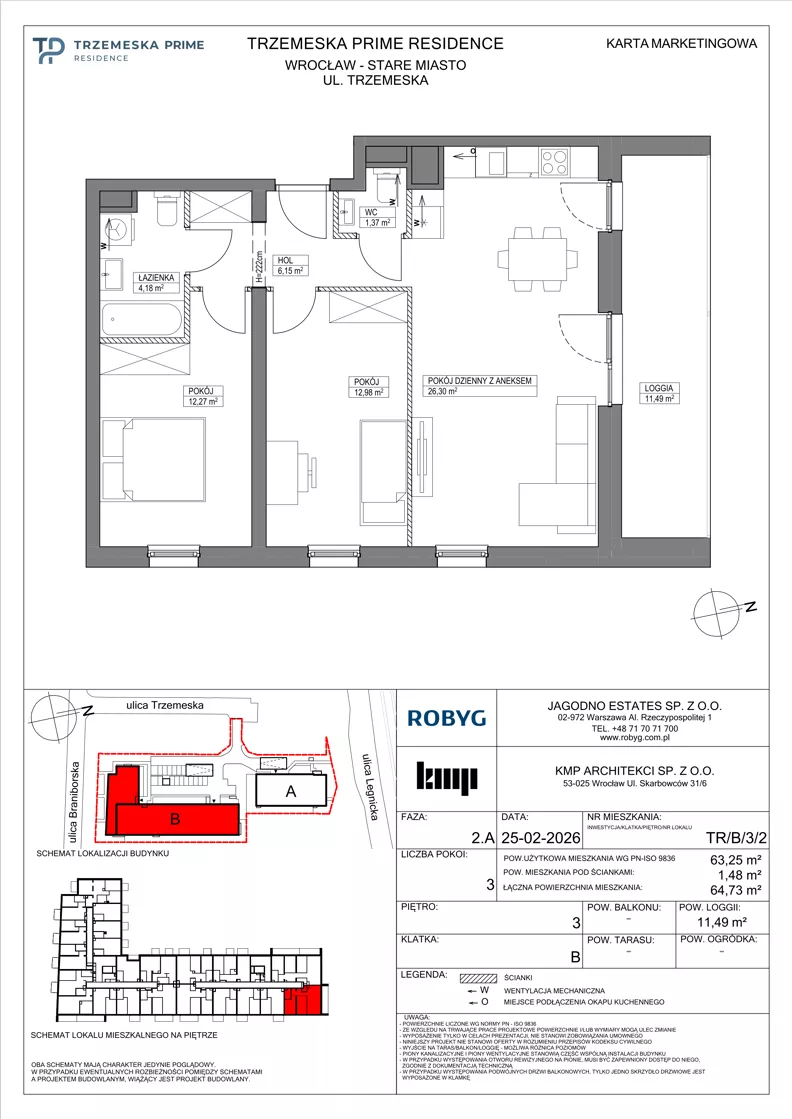 3 pokoje, mieszkanie 63,25 m², piętro 3, oferta nr TR/B/3/2, Trzemeska Prime Residence, Wrocław, Stare Miasto, ul. Trzemeska