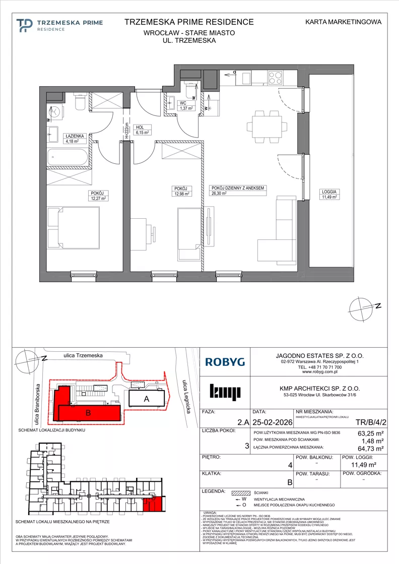 3 pokoje, mieszkanie 63,25 m², piętro 4, oferta nr TR/B/4/2, Trzemeska Prime Residence, Wrocław, Stare Miasto, ul. Trzemeska