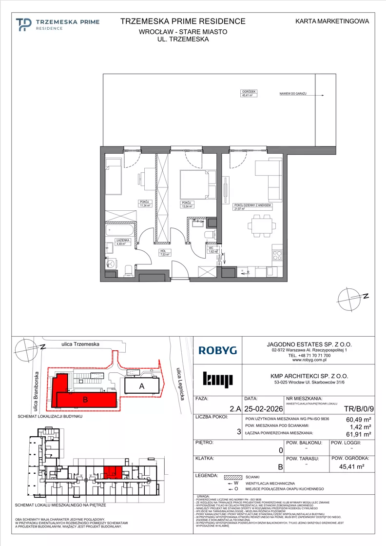3 pokoje, mieszkanie 60,49 m², parter, oferta nr TR/B/0/9, Trzemeska Prime Residence, Wrocław, Stare Miasto, ul. Trzemeska