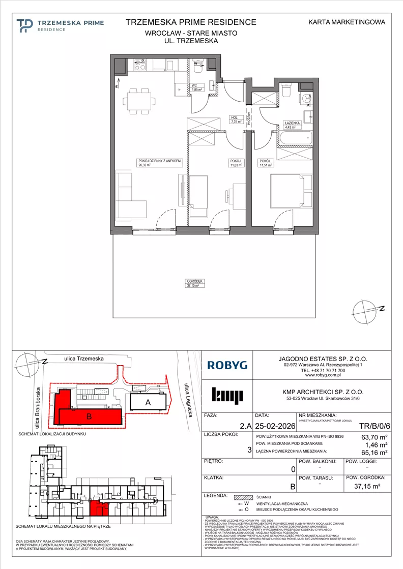 3 pokoje, mieszkanie 63,70 m², parter, oferta nr TR/B/0/6, Trzemeska Prime Residence, Wrocław, Stare Miasto, ul. Trzemeska