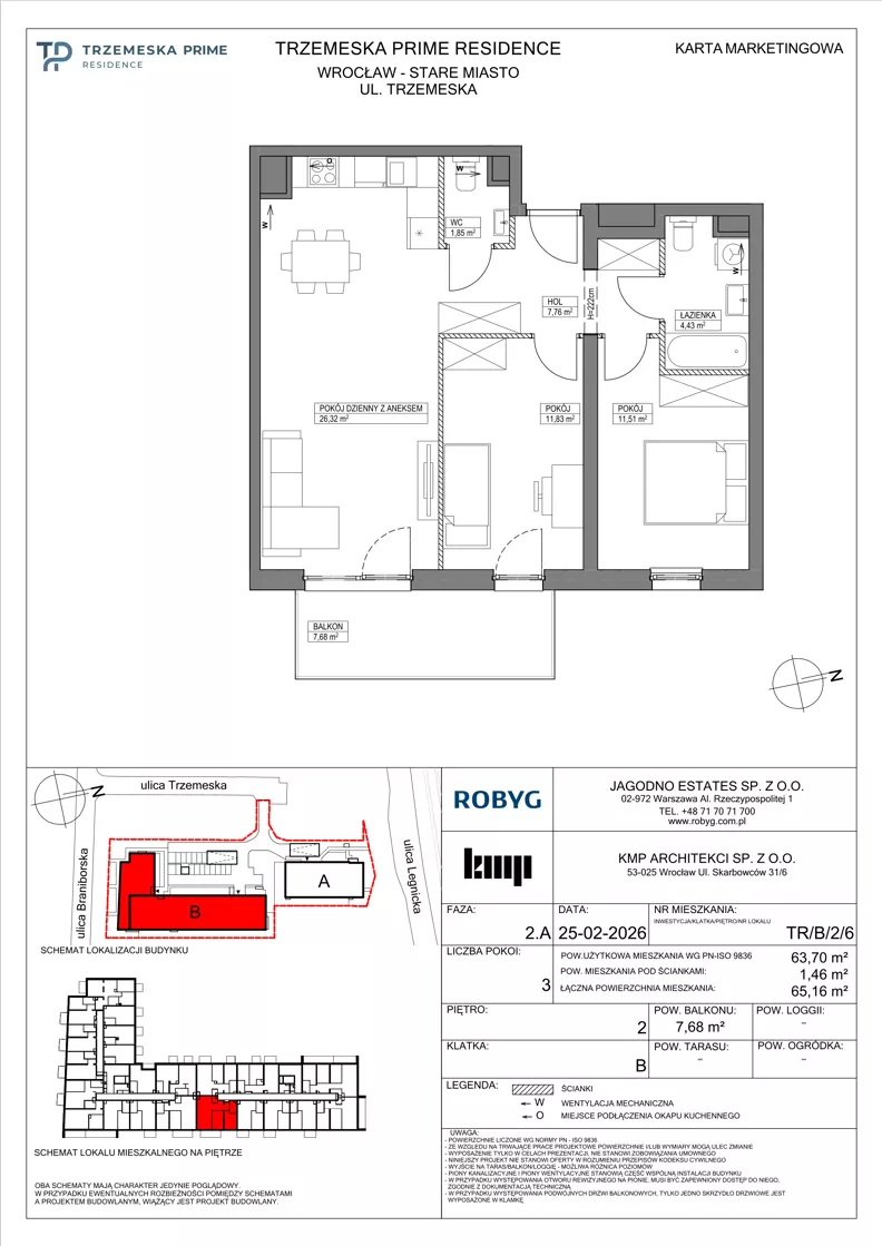 3 pokoje, mieszkanie 63,70 m², piętro 2, oferta nr TR/B/2/6, Trzemeska Prime Residence, Wrocław, Stare Miasto, ul. Trzemeska