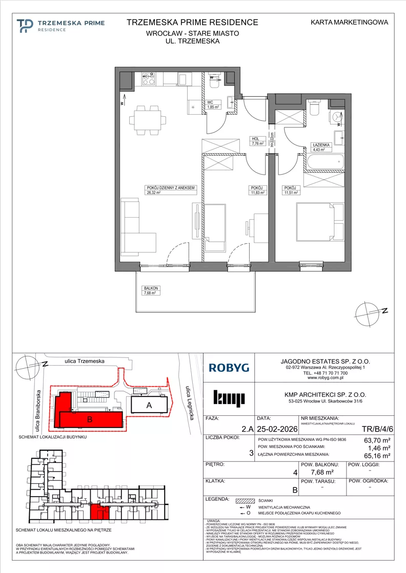 3 pokoje, mieszkanie 63,70 m², piętro 4, oferta nr TR/B/4/6, Trzemeska Prime Residence, Wrocław, Stare Miasto, ul. Trzemeska