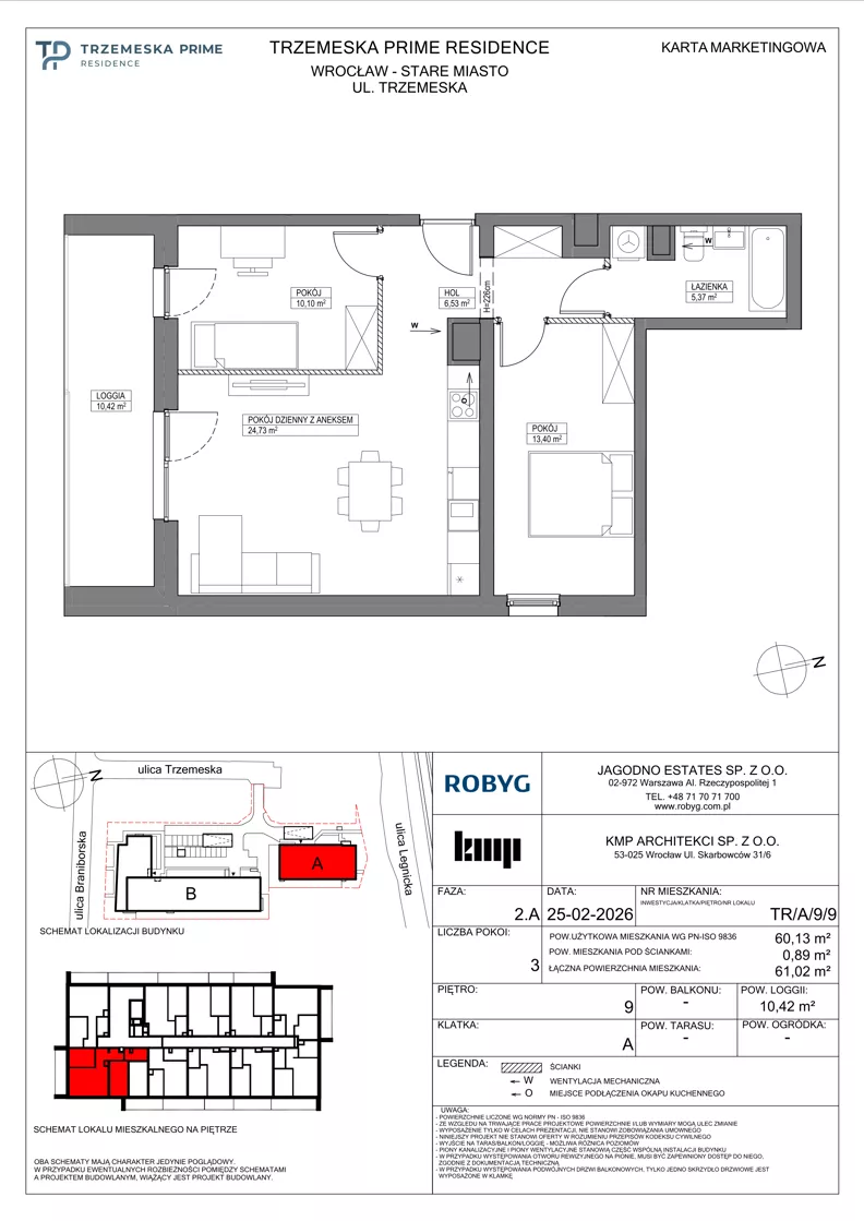 3 pokoje, mieszkanie 60,13 m², piętro 9, oferta nr TR/A/9/9, Trzemeska Prime Residence, Wrocław, Stare Miasto, ul. Trzemeska
